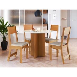 Mesa de Jantar Com 4 Cadeiras Linho 0.90x090 Circular / Alice– Freijó/Off White