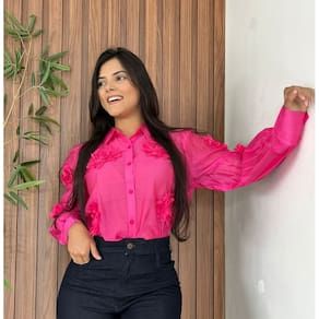 Camisa Feminino Organza Manga Longa Detalhe Flor Fechamento Botões