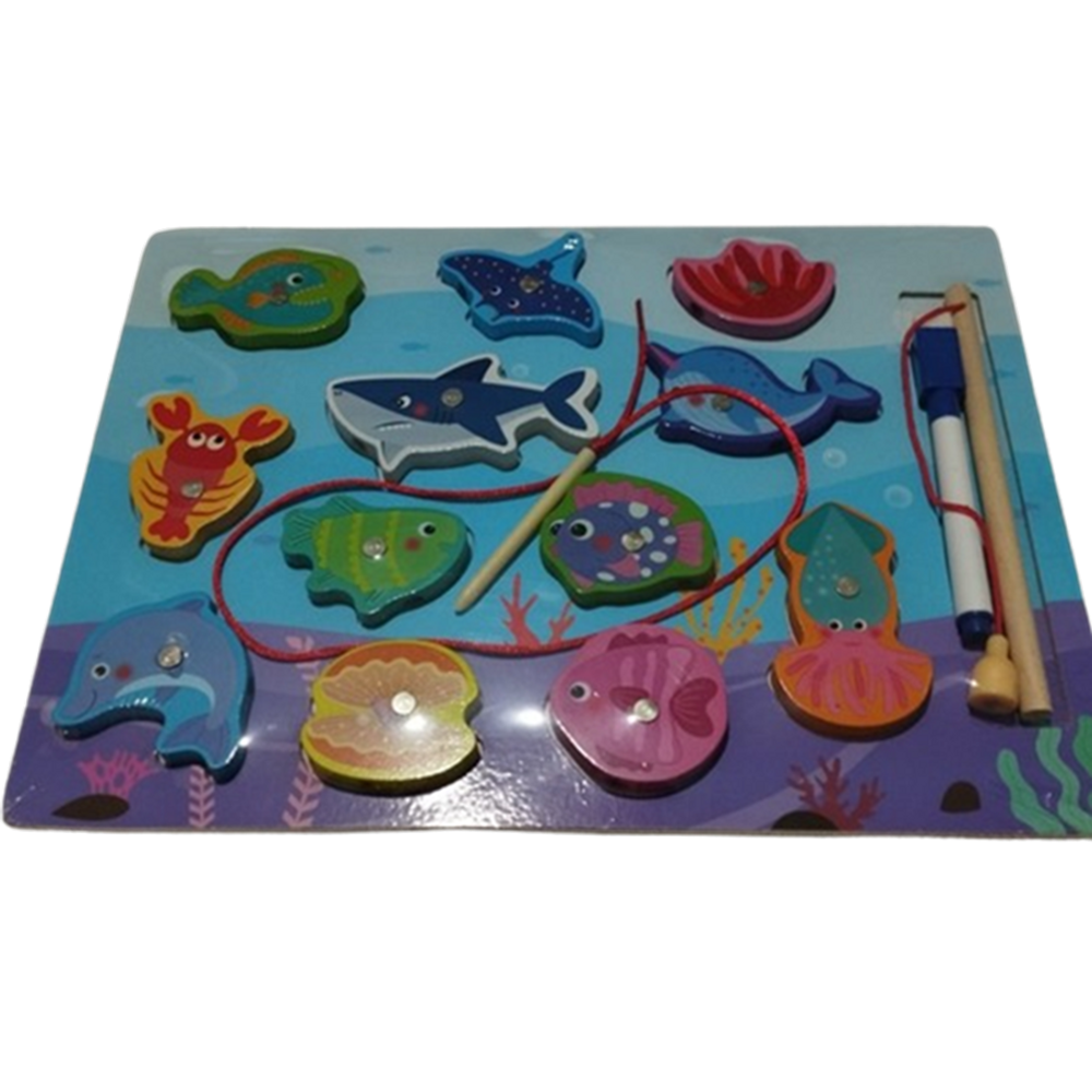 Brinquedo 2 em 1 Pesca Infantil Interativa Magnética em Madeira Com Quadro Branco 29x22cm