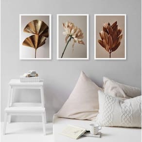Kit 3 Quadros Elegantes Flores Marrom Bege Dourado 45X34Cm