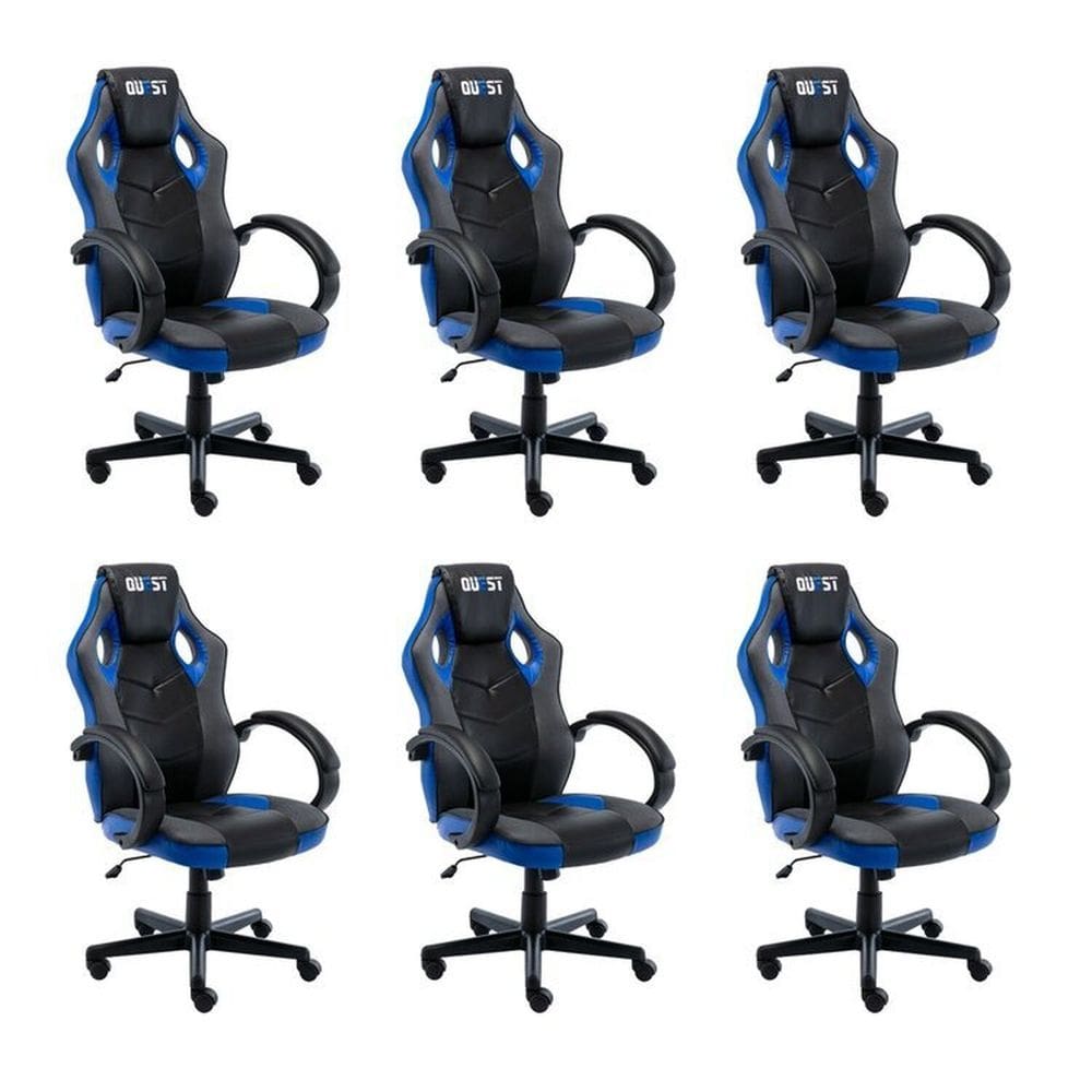 Kit 6 Cadeiras Gamer Giratória Regulavel Quest Preto/Azul