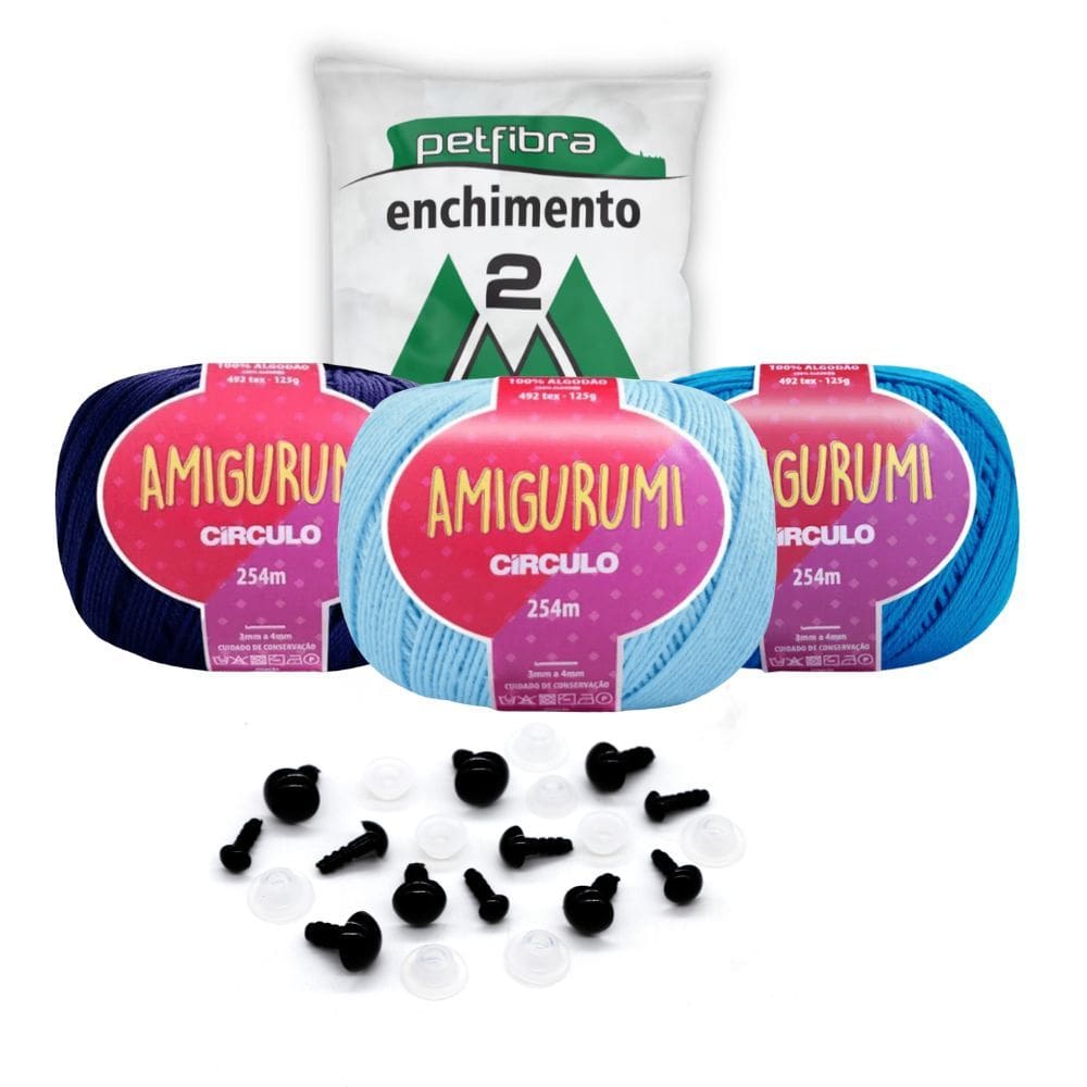 Kit 3 Linhas Amigurumi Círculo Tons de Azul com Enchimento + 5 pares de Olhos Preto