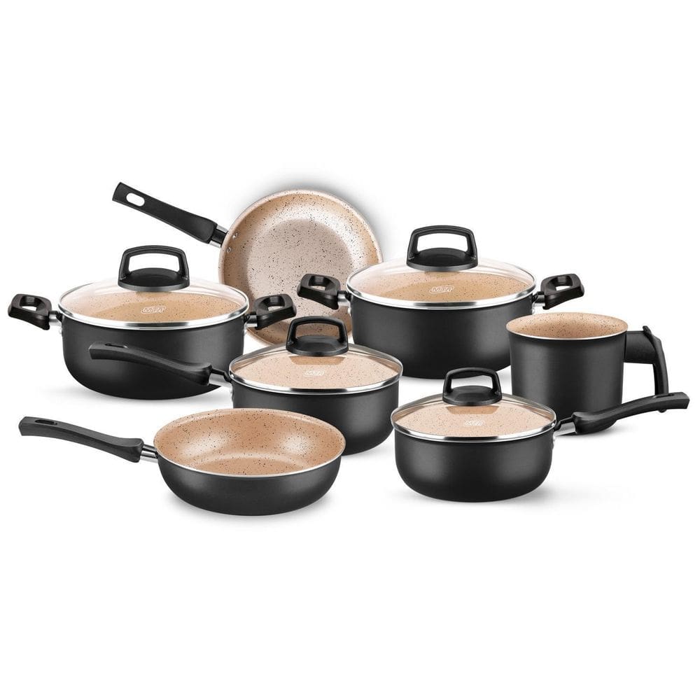 Conjunto de Panelas 7 Peças Antiaderente Preto/Bege
