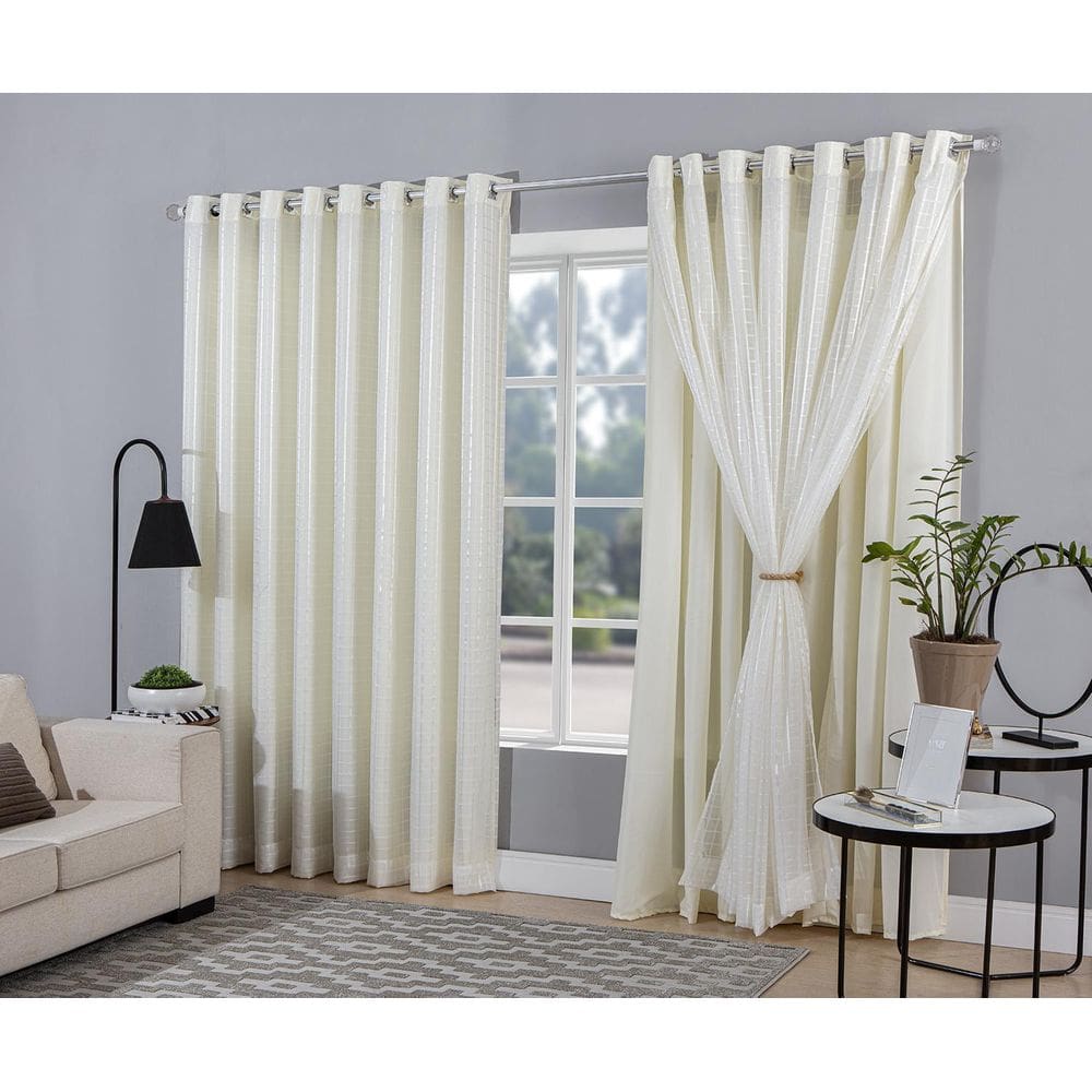 Cortina Voal Xadrez Com Forro Microfibra Palha 4,00X2,50