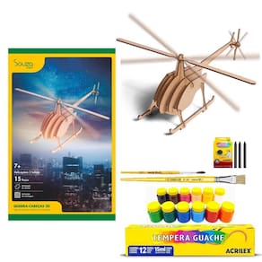 Quebra-Cabeça Helicóptero 2 Hélices + 12 Tinta Guache E Giz