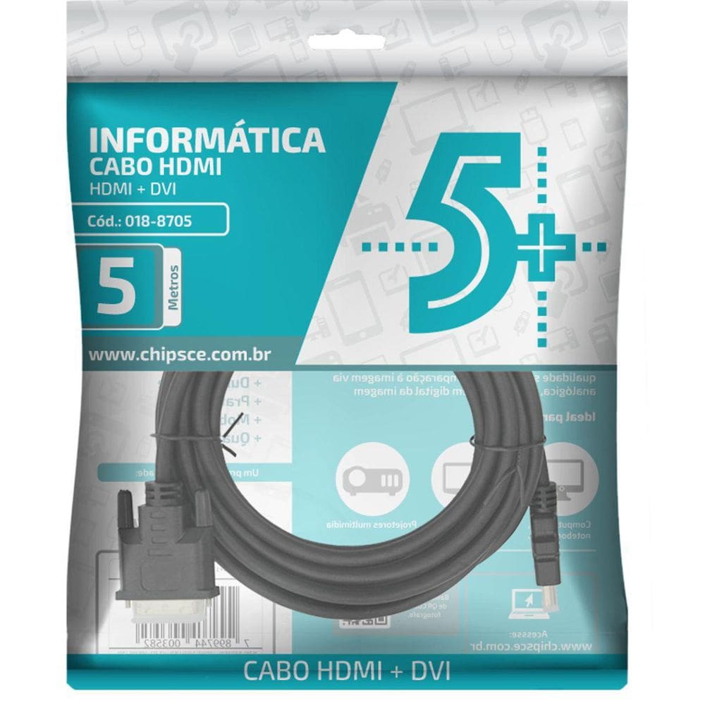 Cabo De Video Dvi 24+1 + Hdmi Macho 5M Preto