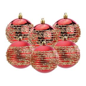Kit Bola De Natal 8Cm Vermelho/Ouro Glitter Com 6Und Cromus