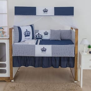Kit Protetor Berço Completo 12 Peças Coroa Azul Marinho
