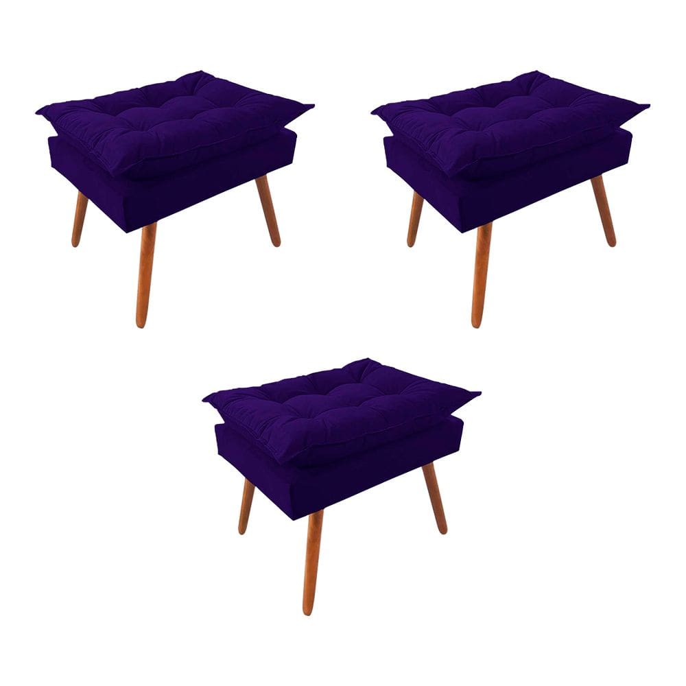 Kit 3 Puff Opala Premium Almofadada para Decoracao Sala de Estar Veludo Azul Marinho