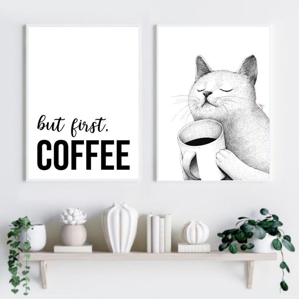 Kit 2 Quadros Café Gato - But First Coffee 60X48Cm