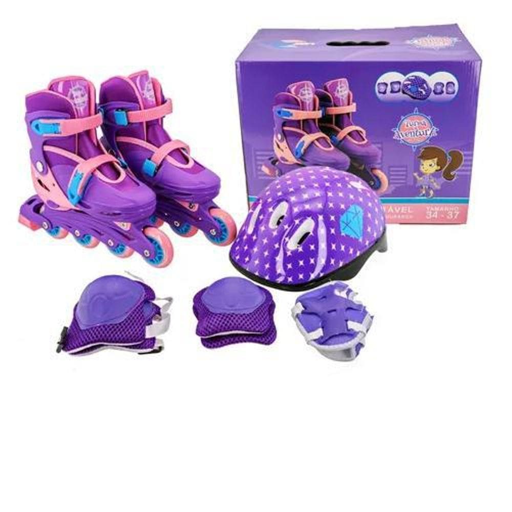 Patins Infantil Roxo Com Kit De Proteção Tamanho 34 Ao 37