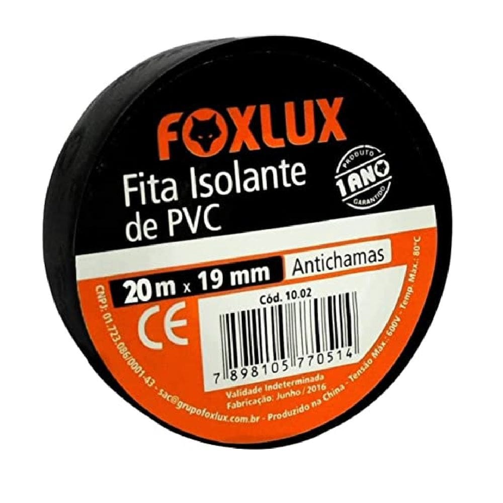 Fita Isolante de PVC Antichamas 20M x 19mm Preta 1 Unidade Foxlux