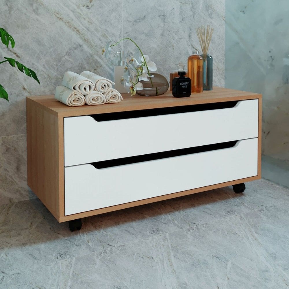 Armário de Banheiro 2 Gavetas com Rodízio Bn3643 Amêndoa/Branco - Tecno Mobili