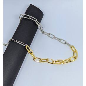 Colar Choker Feminino Corrente elos Grosso Retangular Mix Dois Banho Dourado com Prata Inspiração Tendência Moda 2024