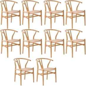 Kit com 10 Cadeiras para Sala de Jantar Wishbone Madeira Maciça Madeira Clara