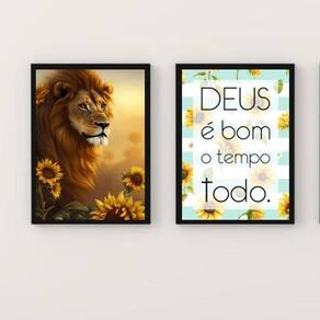 Kit 2 Quadros Leão Girassóis Deus é Bom 33x24cm - com Vidro