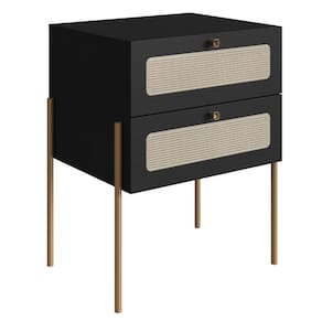 Mesa Cabeceira 2 Gavetas Oslo Artesano 48 cm (larg) MDP Nero Palha Sintética Bege Pé Metal Dourado