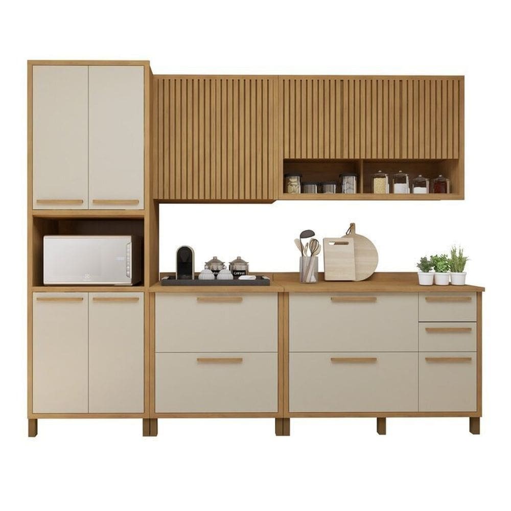Cozinha Completa Torino com 2 Aéreos, 2 Balcões e 1 Paneleiro Cinamomo/Off White