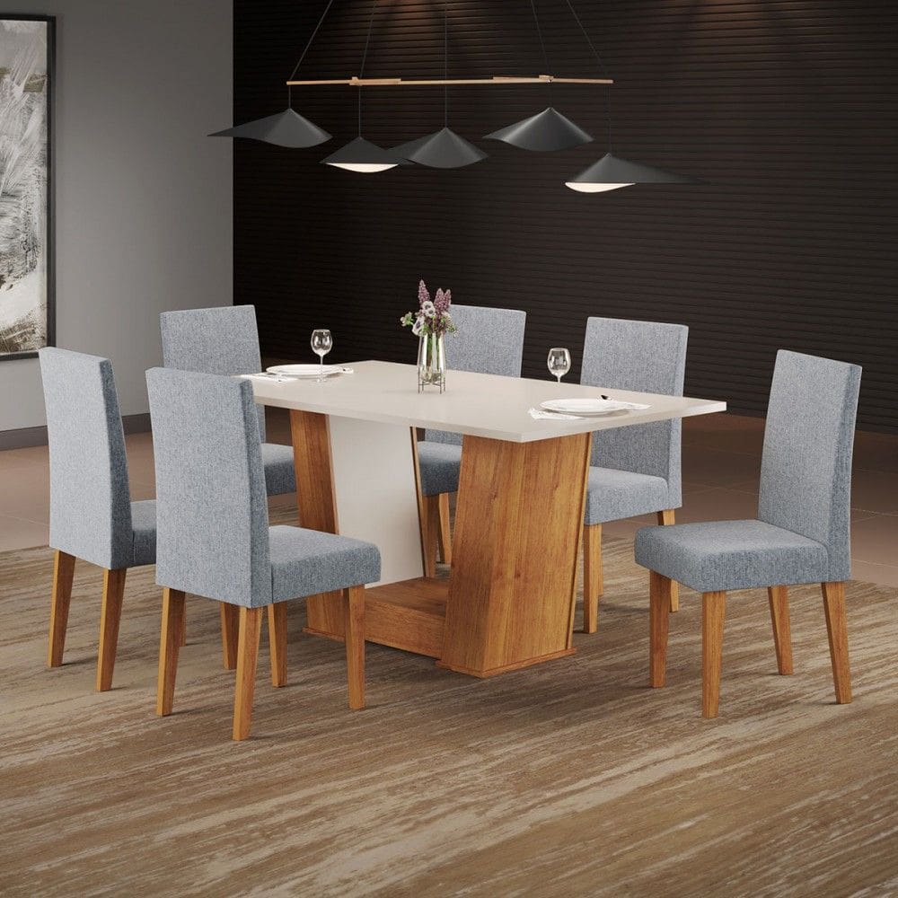 Mesa de Jantar 6 Lugares Venus Marrom/Blonde/Linho/Inox - Viero Móveis