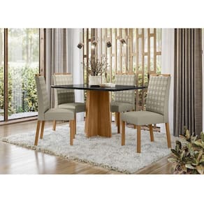 Mesa de Jantar Ambiente Anitta 135x90 cm com Vidro Ype Preto e 4 Cadeiras Mariana Veludo Nude – New Ceval