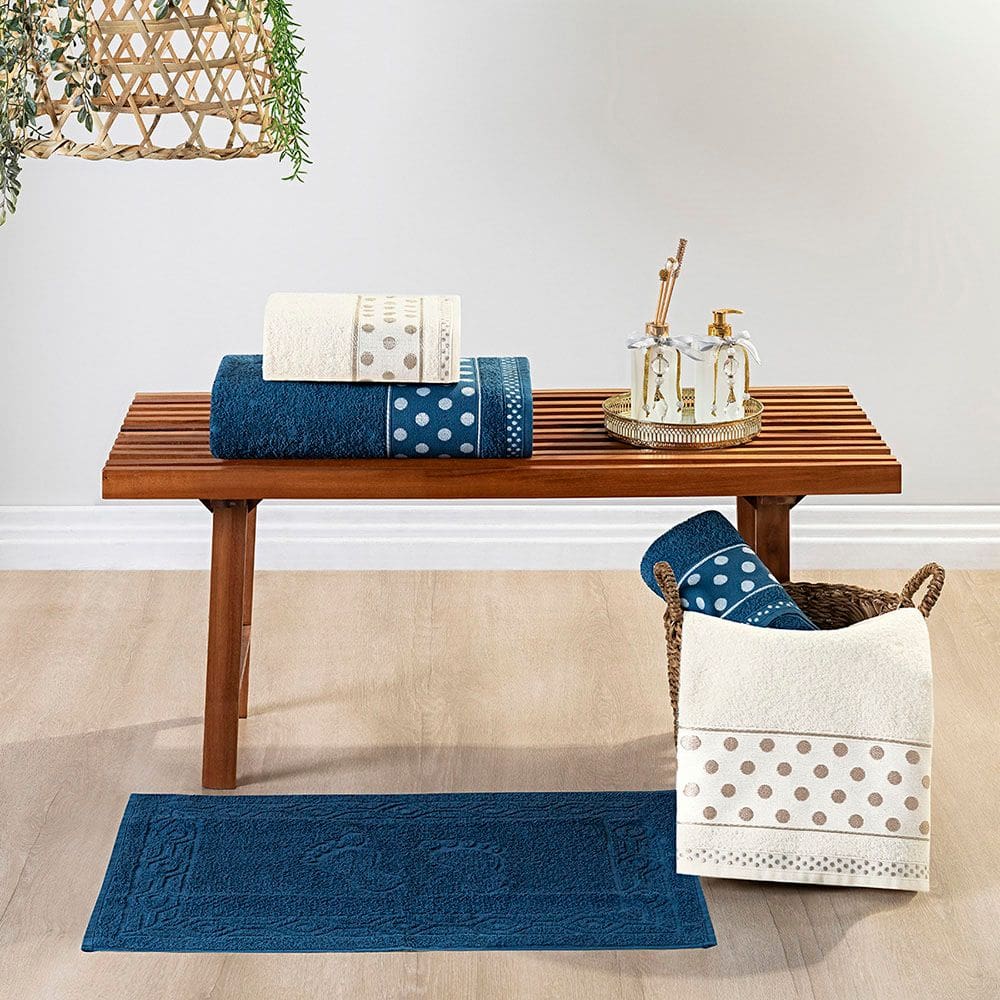 Jogo de Banho Meggy Poá Bolinhas Toalhas Macias 100% Algodão 5 Peças - Azul Marinho e Pérola