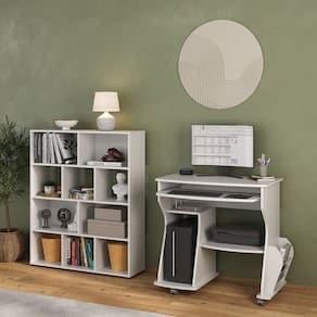 Kit 2 Peças com Escrivaninha para Computador e Estante para Livros 10 Nichos Branco