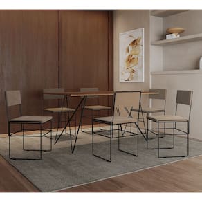 Mesa Jantar Retangular Industrial Trama 1,50x0,90m Amêndoa 6 Cadeiras Estofadas Bege e Preto Vitória
