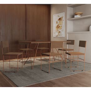 Mesa Jantar Retangular Industrial Trama 1,50x0,90m Amêndoa 6 Cadeiras Estofadas Marrom e Cobre Vitór