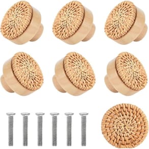Kit 4 Puxadores Armário Gaveta Rattan Ecológico Madeira Boho