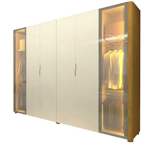Guarda Roupa de Casal Gelius Innova com 250 cm de Largura 6 portas com 2 portas de vidro reflecta 4 gavetas com pés e LED Naturale OFF White