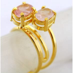 Anel 2 Pedras Quartzo Rosa Gemas Facetado Aro Dourado Ajustável