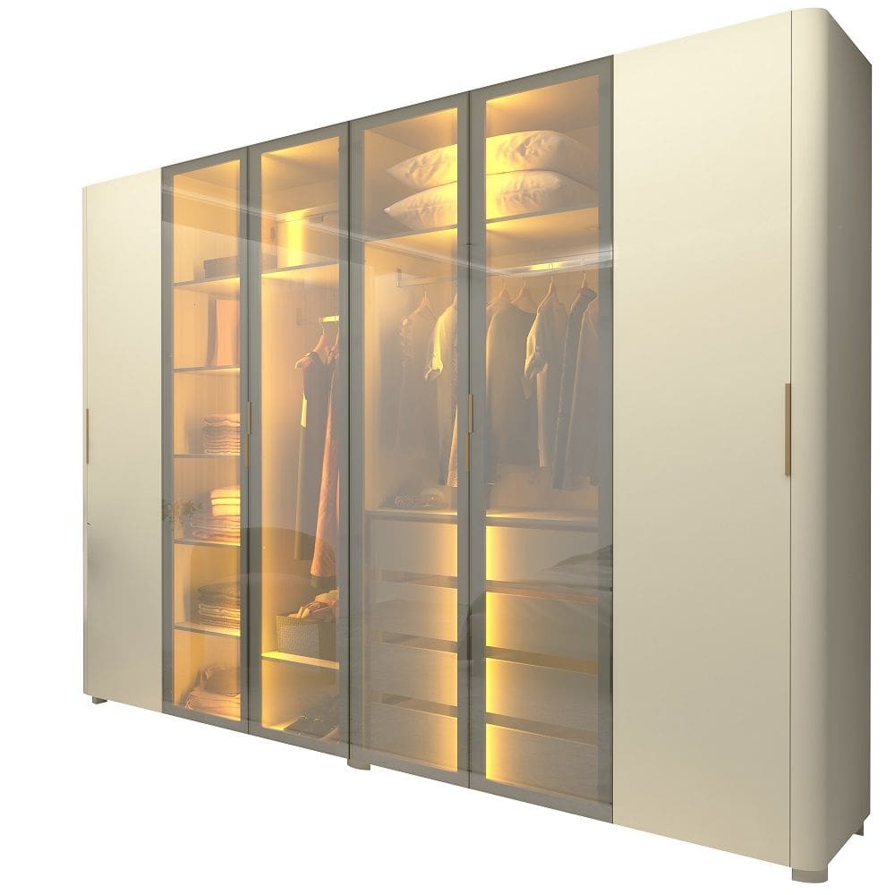 Guarda Roupa de Casal Gelius Innova com 250 cm de Largura 6 portas com 4 portas de vidro reflecta 4 gavetas com pés e LED OFF White