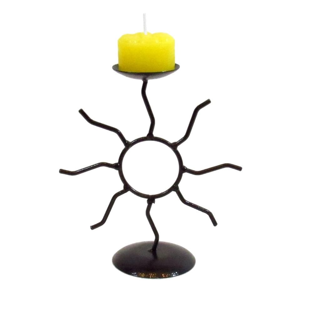 Castiçal Sol Ferro Pintura Marrom + Vela Amarela 8h