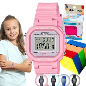 Kit Relógio Casio Infantil Meninas Meninos Digital Resistente Agua Pequeno Alarme Preto LA-20WH + Cubo Magico