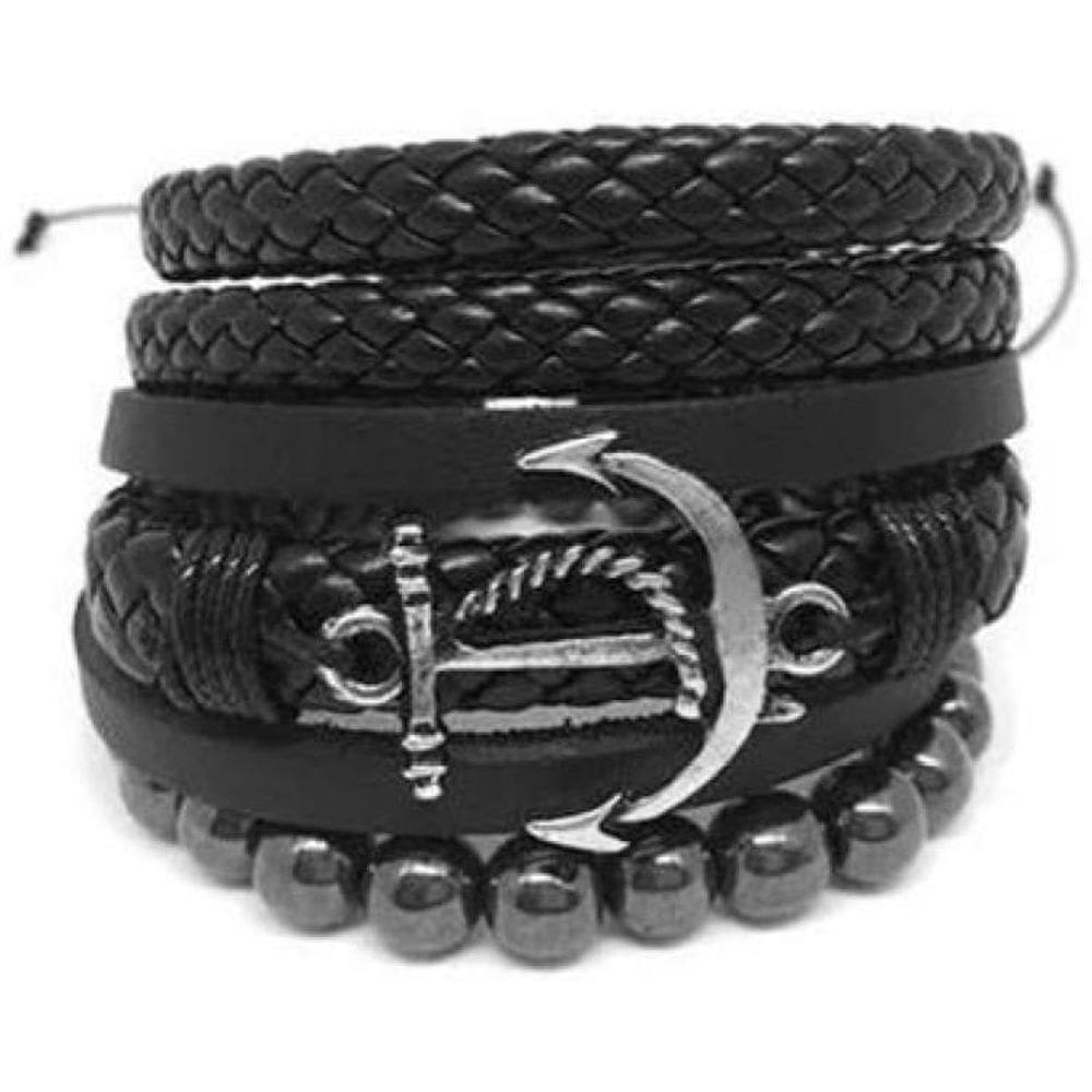 Pulseira Masculina Couro Ancora Pedra Hematita Kit 3 Combo