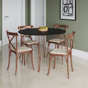 Mesa Jantar Redonda Preta Elen 110cm Hairpin com 4 Cadeiras Katrina Cobre