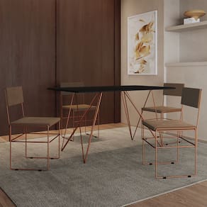 Mesa Jantar Industrial Trama 1,40x0,80m Preta com 4 Cadeiras Estofadas Vitória Marrom e Cobre