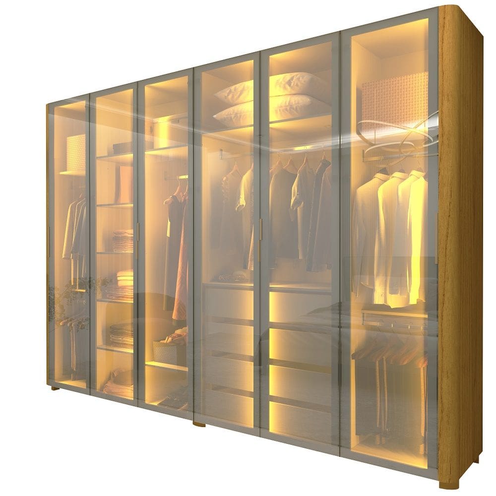 Guarda Roupa de Casal Gelius Innova com 250 cm de Largura 6 portas com 6 portas de vidro reflecta 4 gavetas com pés e LED Naturale