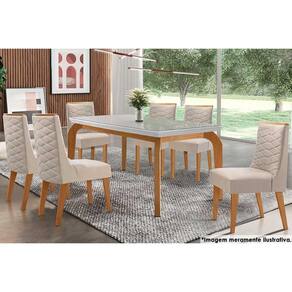Sala de Jantar Completa Londrina c/ Tampo Madeirado c/ Vidro 180x90cm e 6 Cadeiras Dafne Capuccino/Suede Creme - Rufato