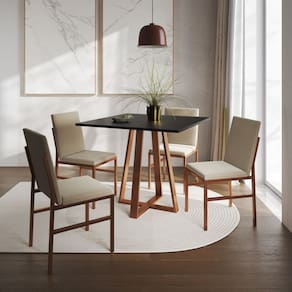 Conjunto de Jantar Mesa Mônaco 90cm Tampo Preto com 4 Cadeiras Bege Base Cobre