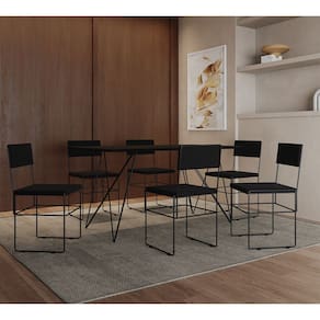Mesa Jantar Retangular Industrial Trama 1,50x0,90m Preta com 6 Cadeiras Estofadas Pretas Vitória