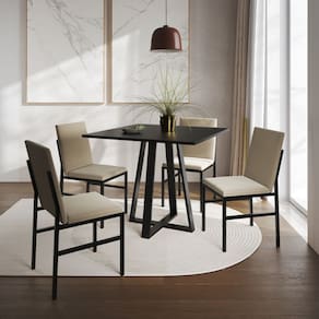 Conjunto de Jantar Mesa Mônaco 90cm Tampo Preto com 4 Cadeiras Estofadas Bege