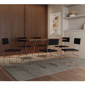 Mesa Jantar Retangular Industrial Trama 1,50x0,90m Amêndoa 6 Cadeiras Estofadas Preta e Cobre Vitóri