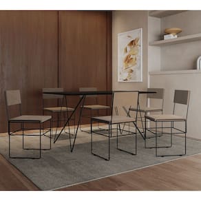 Mesa Jantar Retangular Industrial Trama 1,50x0,90m Preta com 6 Cadeiras Estofadas Bege e Preta Vitór