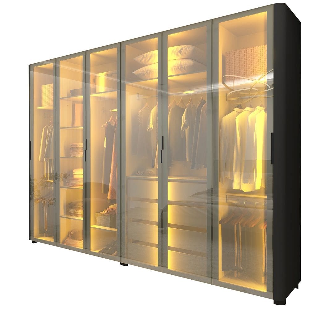 Guarda Roupa de Casal Gelius Innova com 250 cm de Largura 6 portas com 6 portas de vidro reflecta 4 gavetas com pés e LED Preto Acetinado