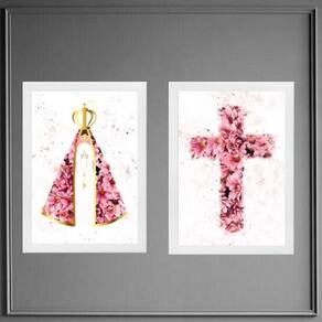 Kit 2 Quadros Nossa Senhora E Cruz Flores 24X18Cm - Vidro