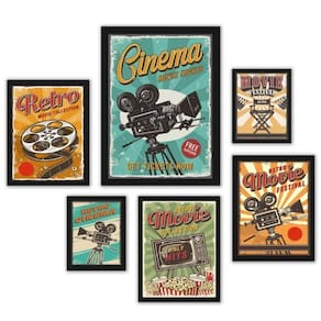 Quadros Decorativos Sala de Cinema - Kit 6 Quadros - Madeira Preta - Vidro - Limpeza