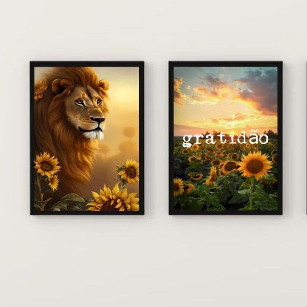 Kit 2 Quadros Leão Girassóis 33x24cm Moldura Preta