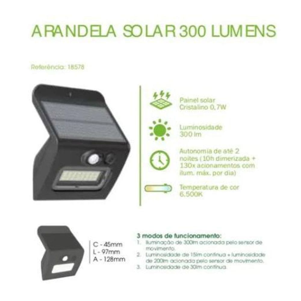 Arandela Solar Sensor De Presença Movimento 300 Lumens 6500K