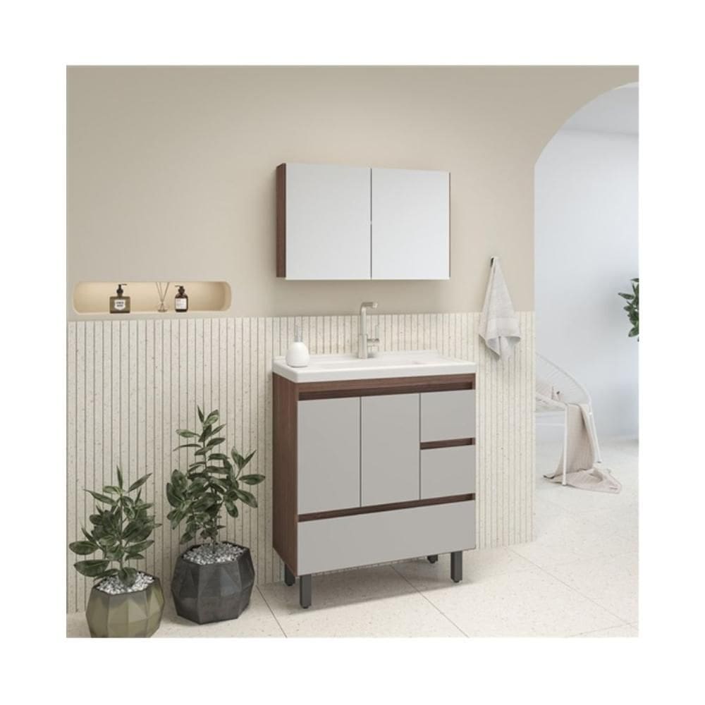 Balcão Banheiro Gaam Loft c/ Pés 80cm Tinto/Fendi/Travertino